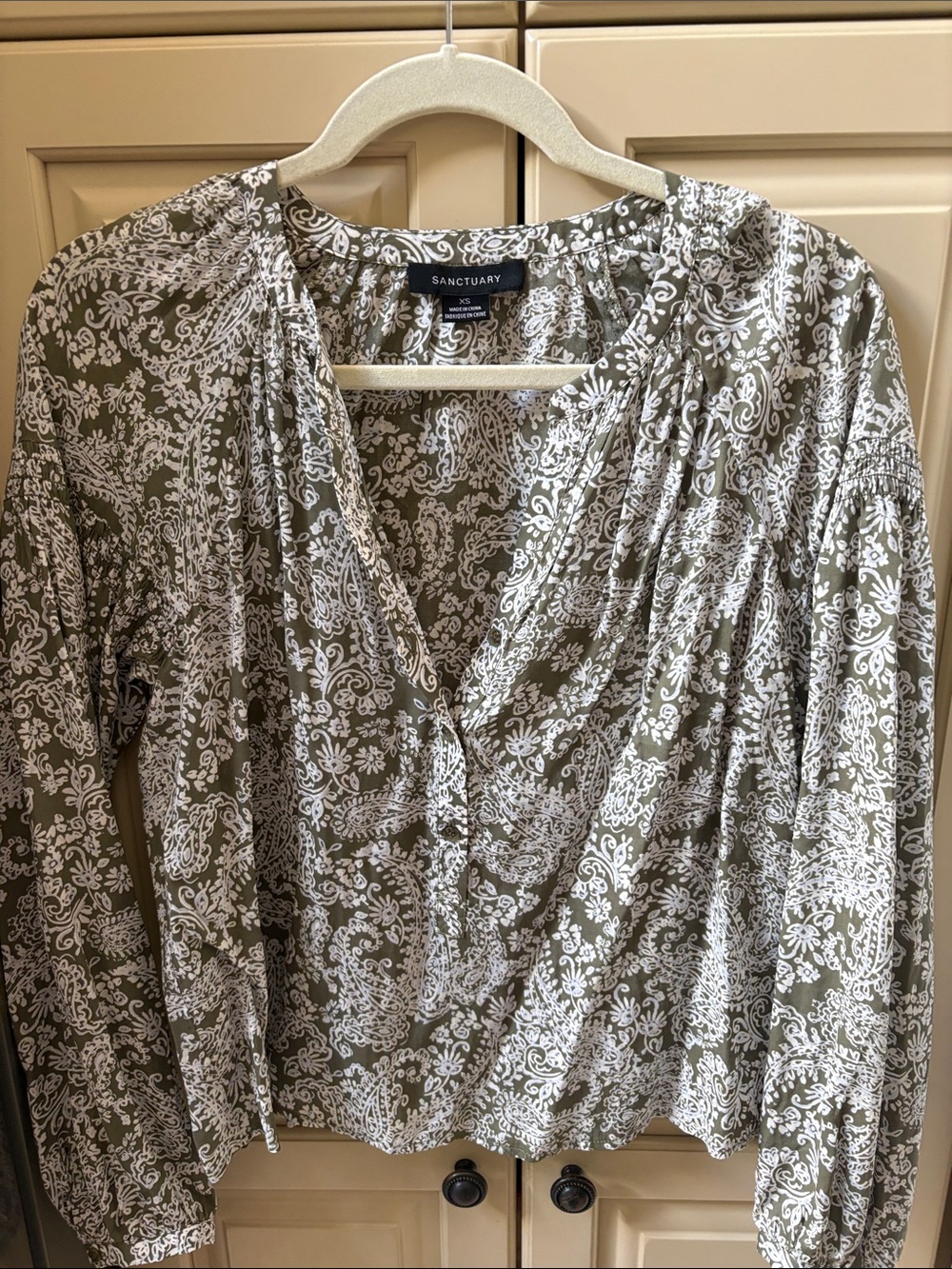 Sanctuary Olive and White Paisley Wrap Top